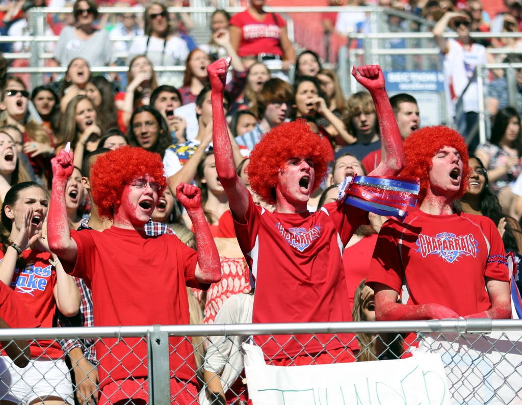 Helping their class win the spirit stick at the outdoor pep rally Westlake seniors Ben Rodrigue, Will Austin and Ryan Prince show school spirit by covering themselves in red paint red clothes and red wigs Courtesy of Morgan Saucier