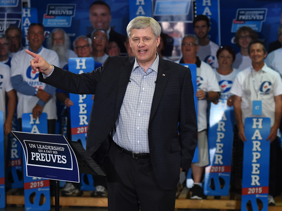 Conservative Leader Stephen Harper speaks to supporters during a campaign stop in Trois-Rivieres Que. on Monday