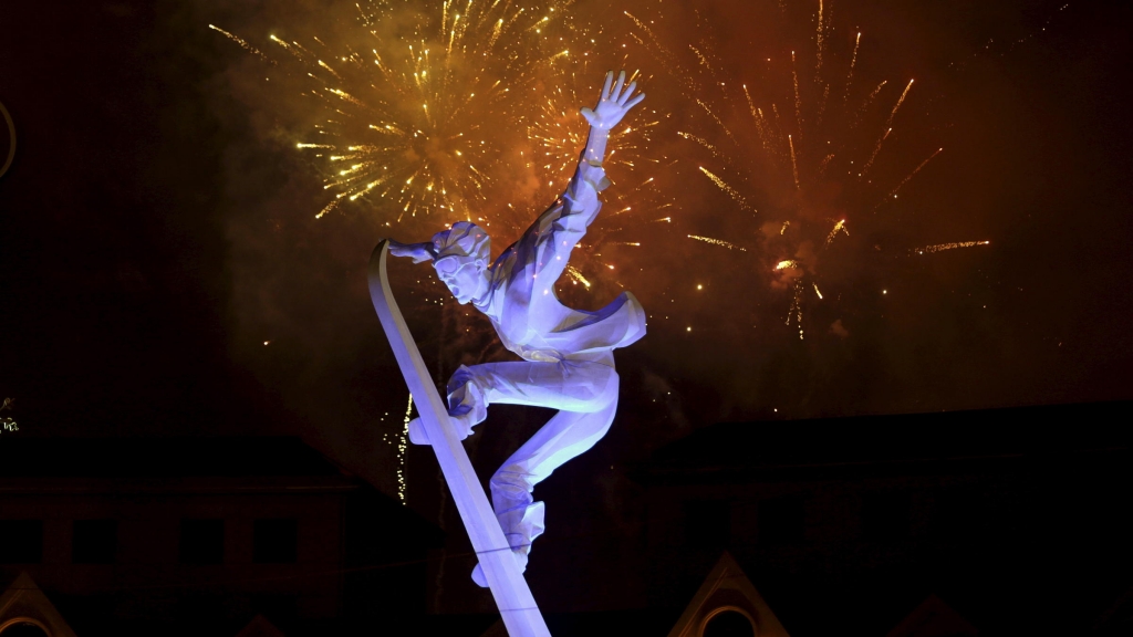 Fireworks explode behind a skiing sculpture to celebrate Beijing being chosen to host the 2022 Winter Olympics last week