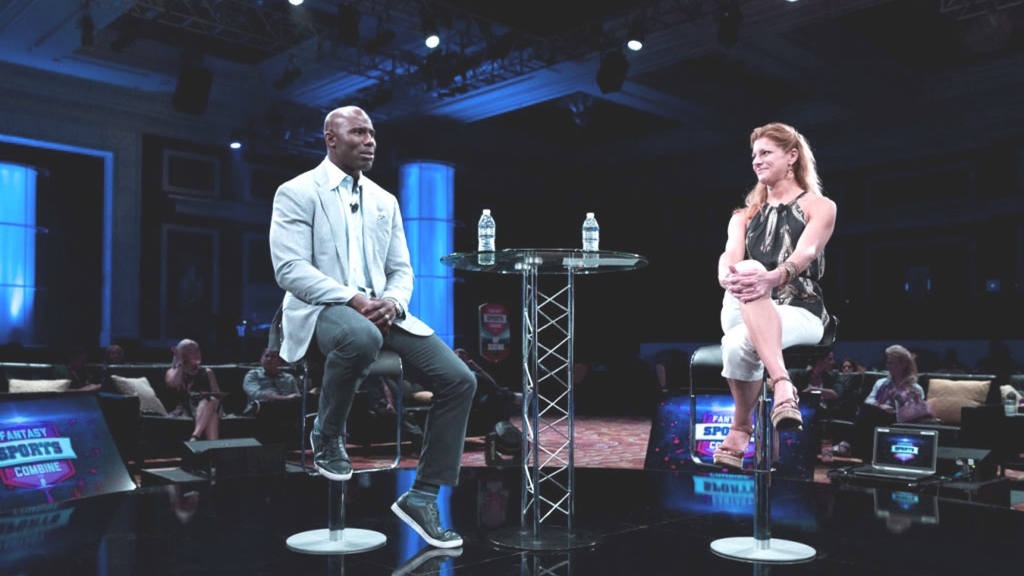 Former Denver Bronco Terrell Davis and sports broadcaster Bonnie Bernstein at the Fantasy Sports Combine at the Wynn on July 18