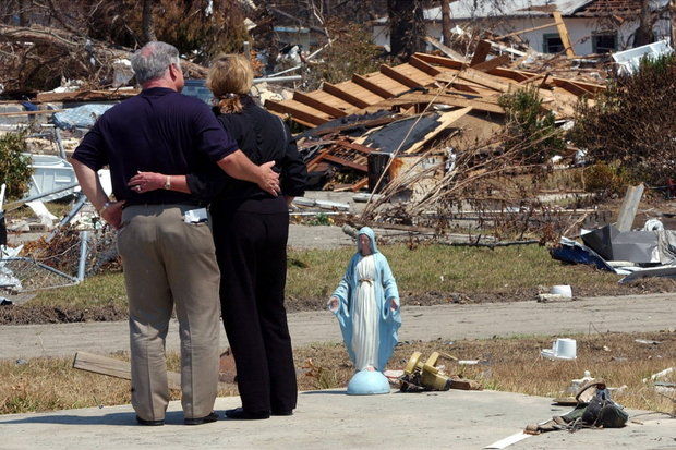 Former Mississippi Gov. Haley Barbour and ex-first lady Marsha Barbour look over Hurricane Katrina damage in Biloxi Mississippi in this September 2005 file