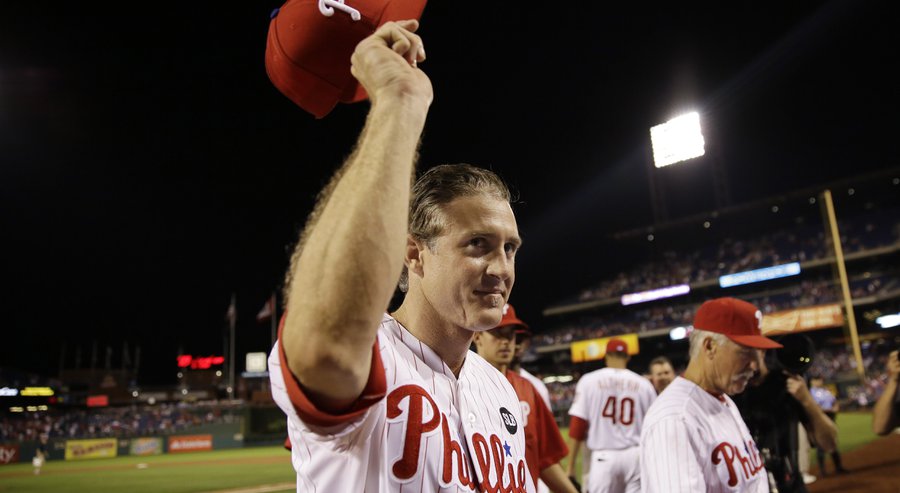 Philadelphia Phillies&#39 Chase Utley acknowledges cheers from the crowd after a baseball game against the Toronto Blue Jays