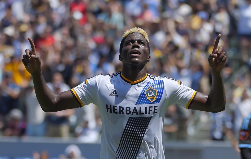 Galaxy forward Gyasi Zardes celebrates his firsthalf goal against New York City FCMARK J TERRILL