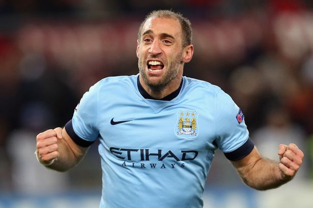 Pablo Zabaleta of Manchester City celebrates after scoring his team's second goal