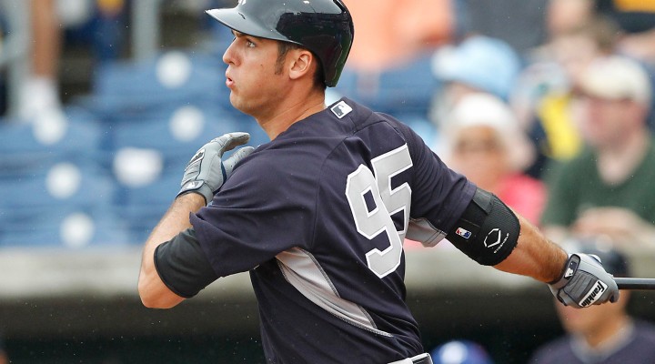 3/6/15 New York Yankees vs. Philadelphia Phillies at Bright House Field in Clearwater Florida New York Yankees first baseman Greg Bird #95 triples in a run in the 4th inning