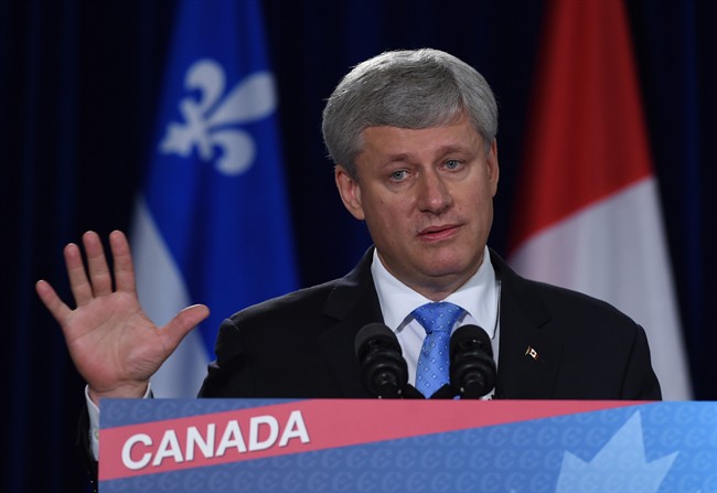 Conservative leader Stephen Harper makes a campaign stop in Drummondville Que. on Monday