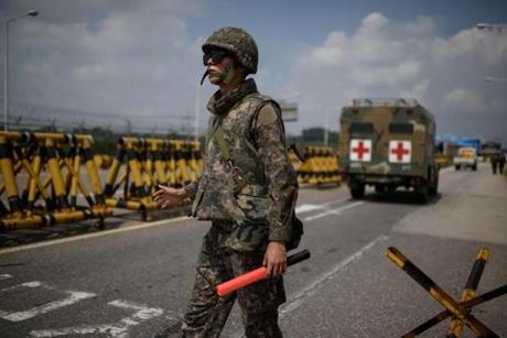 A South Korean soldier stood at a checkpoint on the Unification Bridge leading to North Korea near the border village of Yeoncheon in the Demilitarized Zone on August 22