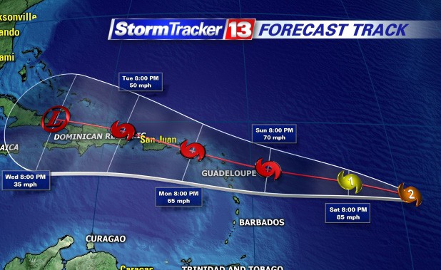 Hurricane Danny at 5 a.m. Friday Aug. 21 2015. Danny has maximum sustained winds of 85 mph but the storm is expected to weaken by Saturday