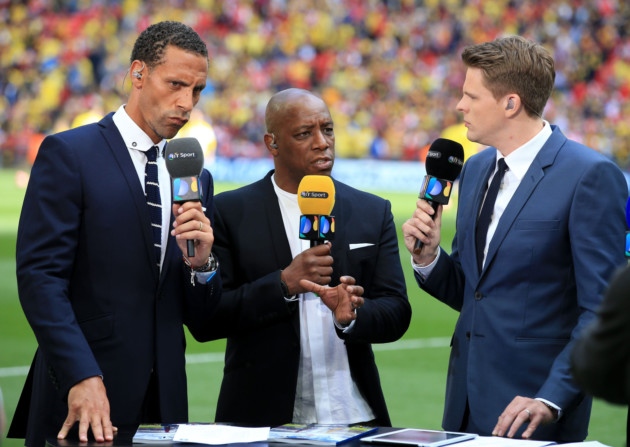 Ian Wright centre flanked by Rio Ferdinand left and Jake Humphrey for BT Sport