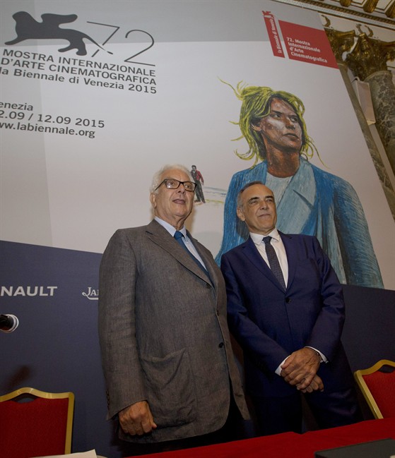 Venice Biennale President Paolo Baratta and Italian Festival Director Alberto Barbera right pose prior to a press conference to present the Venice Film Festival in Rome Wednesday