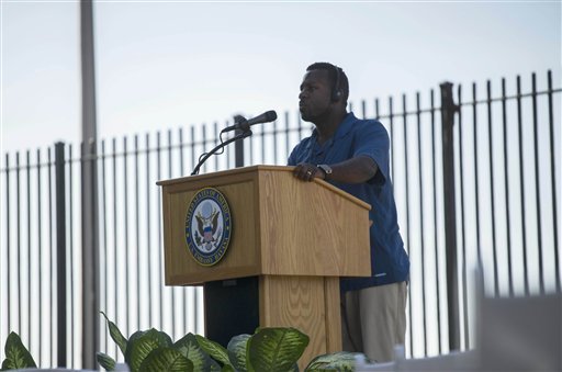 A worker tests the audio equipment in the patio of U.S. Embassy where the flag raising ceremony will take place in Havana Cuba Thursday Aug. 13 2015. The US embassy in Cuba will hold a ceremony on Friday Aug. 14 to raise the U.S. flag to mark its