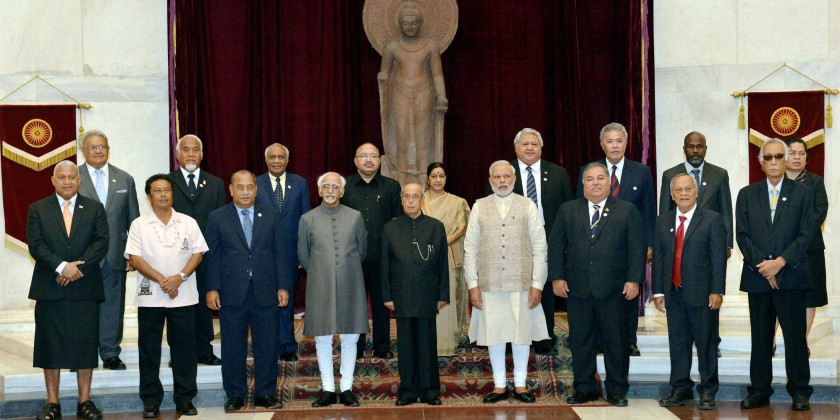 New Delhi President Pranab Mukherjee with Vice President Hamid Ansari, Prime Minister Narendra Modi External Affairs Minister Sushma Swaraj pose for group