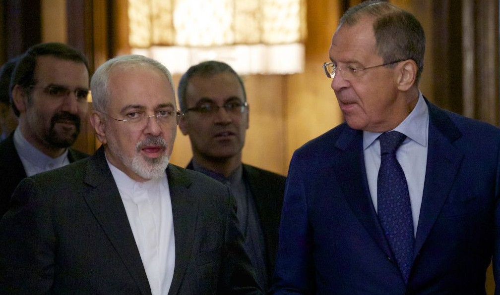 Iranian Foreign Minister Mohammad Javad Zarif left chats with Russian Foreign Minister Sergey Lavrov upon being welcomed by Lavrov for their meeting in Moscow Russia on Monday