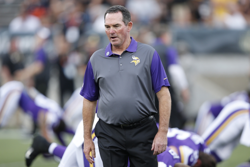 CANTON OH- AUGUST 9 Head coach Mike Zimmer of the Minnesota Vikings looks on prior to the NFL Hall of Fame Game against the Pittsburgh Steelers at Tom Benson Hall of Fame Stadium