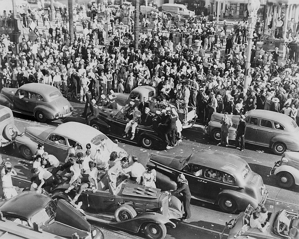 San Diegans celebrate Japan's surrender in downtown San Diego on Broadway Aug.14 1945