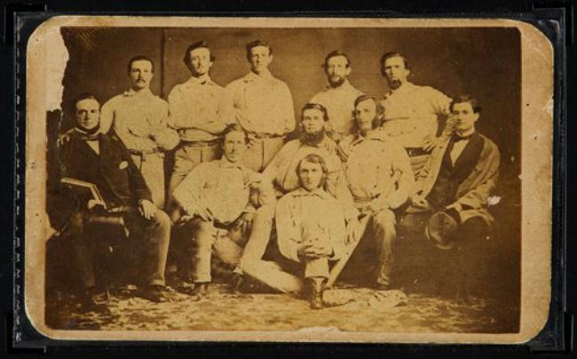 Auctions shows the front of a circa 1860 Brooklyn Atlantics baseball card. The pre Civil War card is on the auction block at Heritage Auctions during their evening sale Thursday