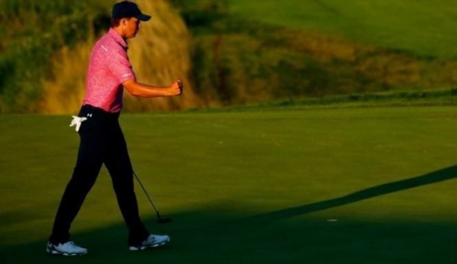 SHEBOYGAN WI- AUGUST 15 Jordan Spieth of the United States reacts on the 18th green during the third round of the 2015 PGA Championship at Whistling Straits