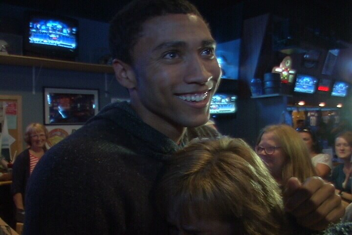 Josh Huestis celebrating at The Sting in Great Falls after being drafted by the NBA in 2014