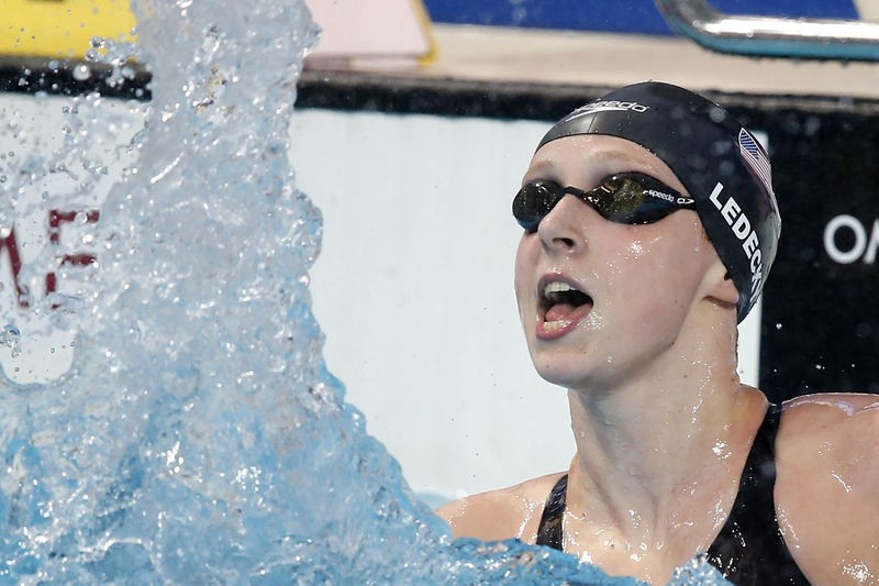 Katie Ledecky of the United States of America celebrates a new World Record after winning the women's 1500m Freestyle Final during the FINA Swimming World Championships at Kazan arena in Kazan Russia 4 August 2015