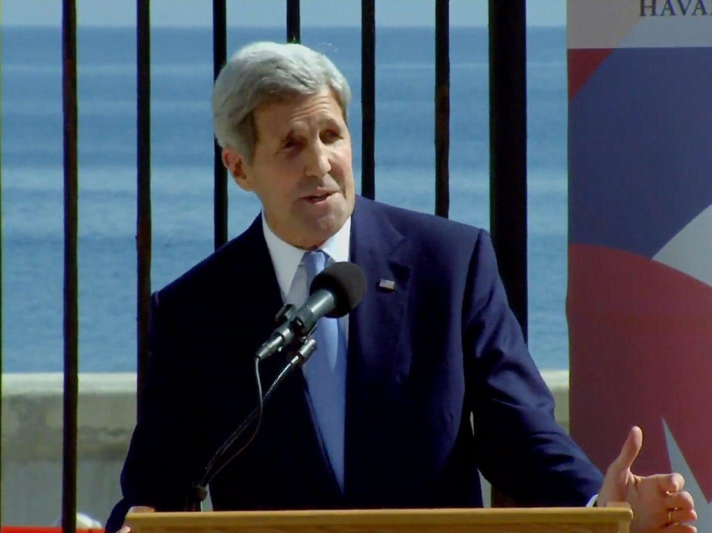 A screen grab from a video feed shows Secretary of State John Kerry speaking during the flag-raising ceremony at the re-inaugurated U.S. embassy in Havana Cuba on Friday