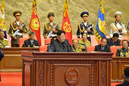 Kim Jong-un speaks at the fourth National Conference of War Veterans in Pyongyang on July 25