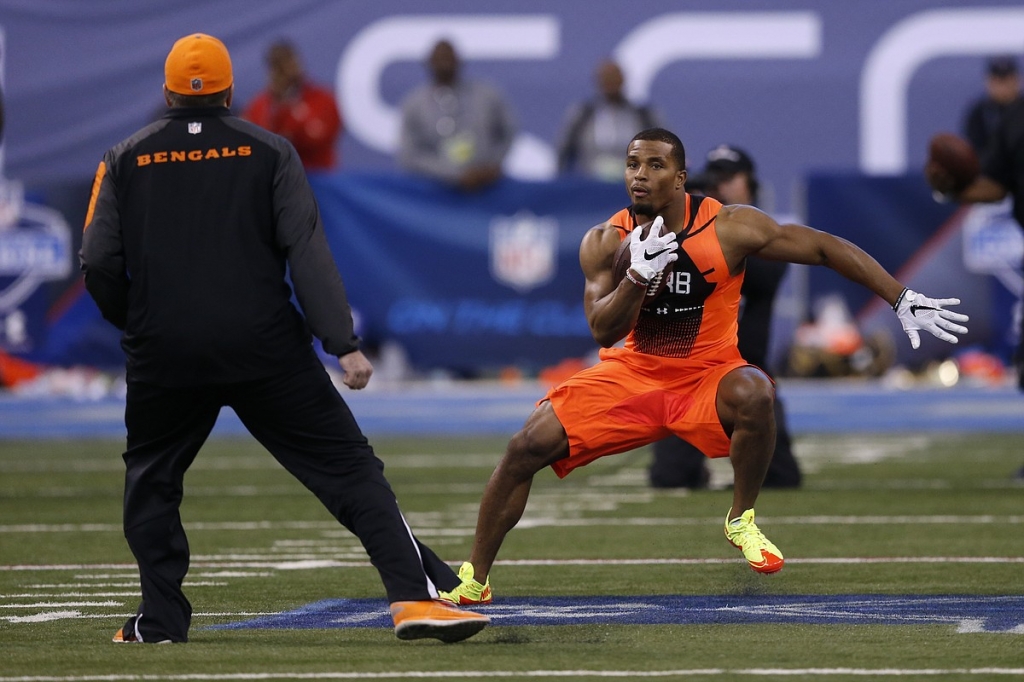 Nebraska running back Ameer Abdullah runs a drill at the NFL football scouting combine in February. The Detroit Lions selected Abdullah as the 54th pick in the second round of the 2015 NFL Football Draft Friday night