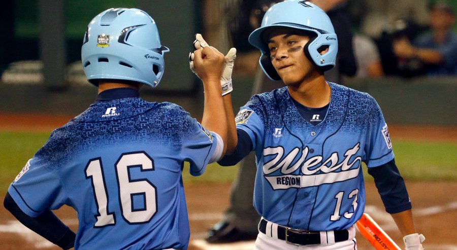 Bonita Calif.'s Antonio Andrade celebrates with Walker Lannom after scoring during the first inning of a U.S. elimination baseball game against Bowling Green Ky. at the Little League World Series in South Williamsport Pa. Tuesday Aug. 2