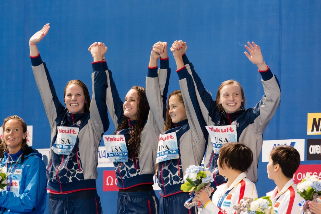 Left to right Team USA's Missy Franklin Leah Smith Katie McLaughlin and Katie Ledecky World Champions in the 4x200m freestyle relay. 2015 World Championships