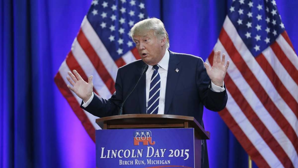 Republican presidential candidate Donald Trump addresses a GOP fundraising event Tuesday Aug 11 2015 in Birch Run Mich