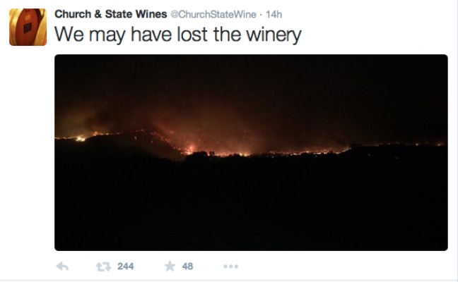 Luckily Church and State Winery's Oliver property was spared from the flames | Church and State Twitter