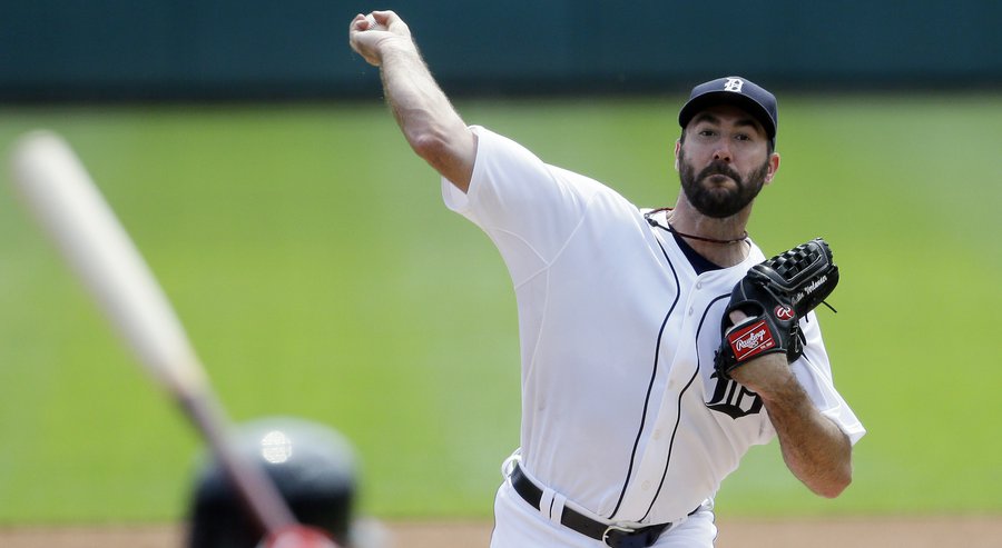 Detroit Tigers starting pitcher Justin Verlander throws during the first inning of a baseball game against the Boston Red Sox Sunday Aug. 9 2015 in Detroit