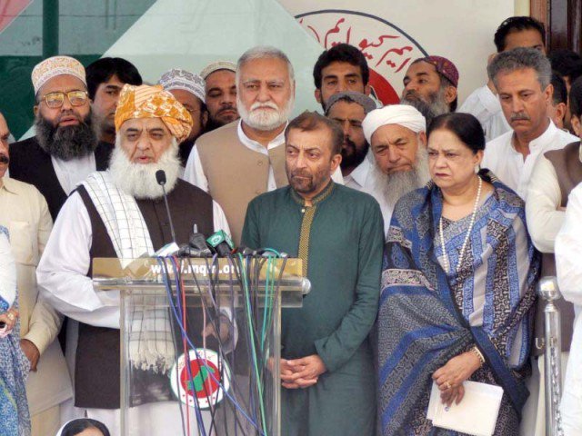 JUI-F chief Fazlur Rehman talks to the media at Nine Zero