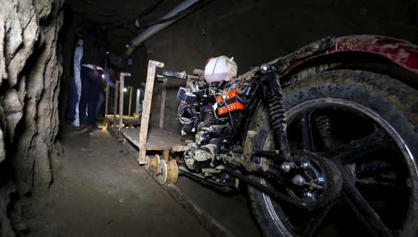 A motorcycle modified to run on rails is seen inside a tunnel connected to the Altiplano Federal Penitentiary and used by drug lord Joaquin