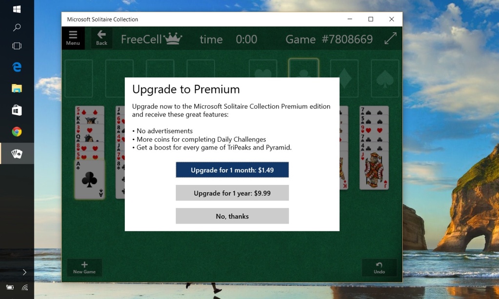 If You Want Microsoft Solitaire Ad Free It will Cost You $US10/Year