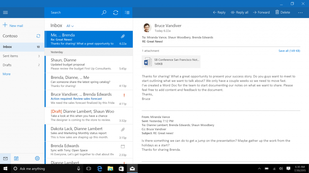 MicrosoftThe Mail app for Windows 10 works but it's not great