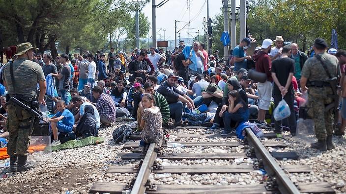 Migrants wait to cross the Macedonian Greek border near the town of Gevgelija
    
    
                
          
          Show Grid