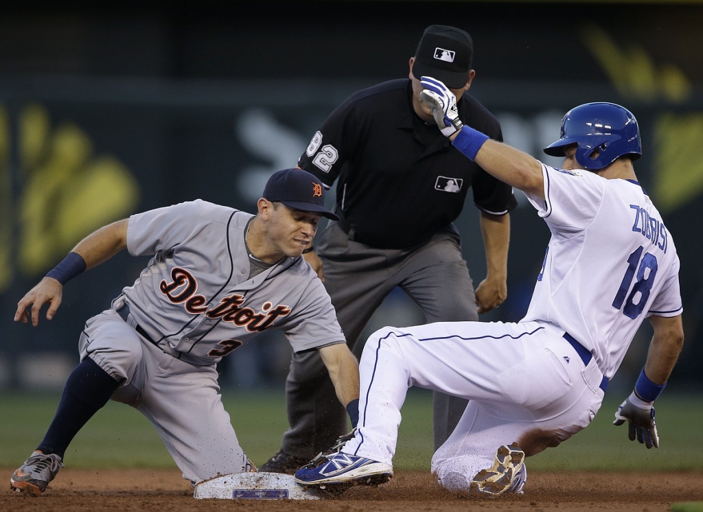 Detroit Tigers second baseman Ian Kinsler tags out Kansas City Royals&#39 Ben Zobrist during the third inning Monday at Kauffman Stadium in Kansas City Mo