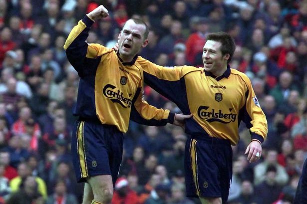 Danny Murphy celebrates scoring at Old Trafford in 2000