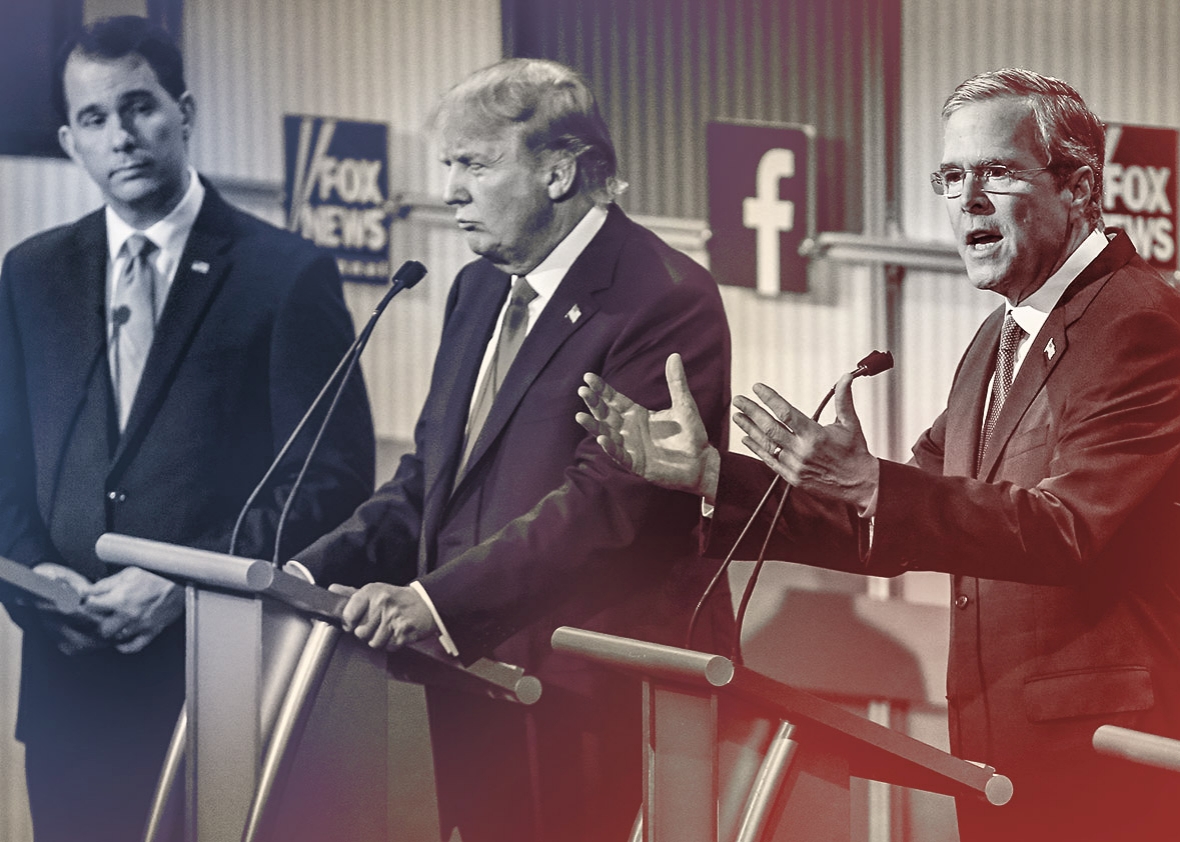 Republican presidential candidates Scott Walker Donald Trump and Jeb Bush participate in the first prime-time presidential debate hosted by Fox News and Facebook at the Quicken Loans Arena on Aug. 6 2015 in Cleveland