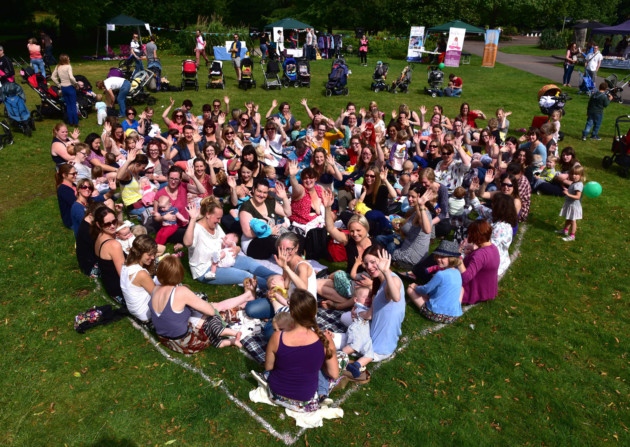 Mothers and their babies take part in the global Big Latch On in Chapelfield Gardens