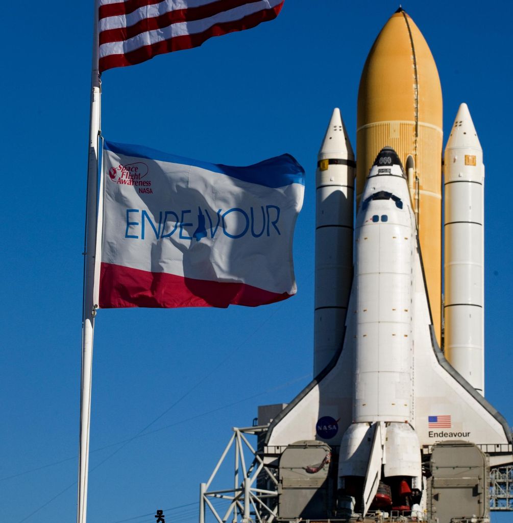 Shuttle Endeavour in the launch position as it is installed at the California Science Center