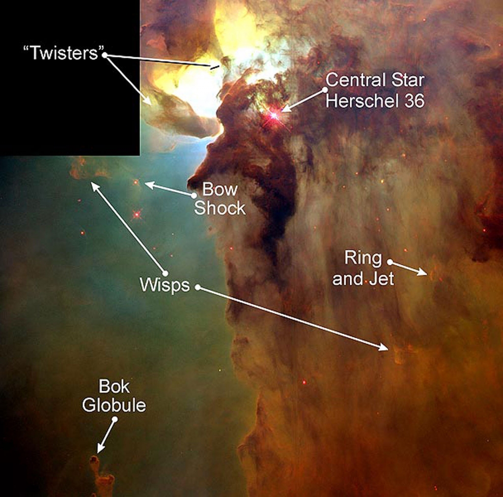 This Hubble image reveals a pair of one-half light-year long interstellar ‘twisters’- eerie funnels and twisted-rope structures  in the heart of the nebula. Image credit A. Caulet  ST-ECF  ESA  NASA