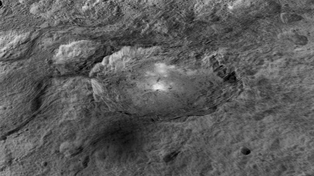 The mysterious bright spots on Ceres lie in the Occator crater which is about 60 miles across and two miles deep. This image comes from the animation generated using data from NASA’s Dawn spacecraft vertical relief has been exaggerated