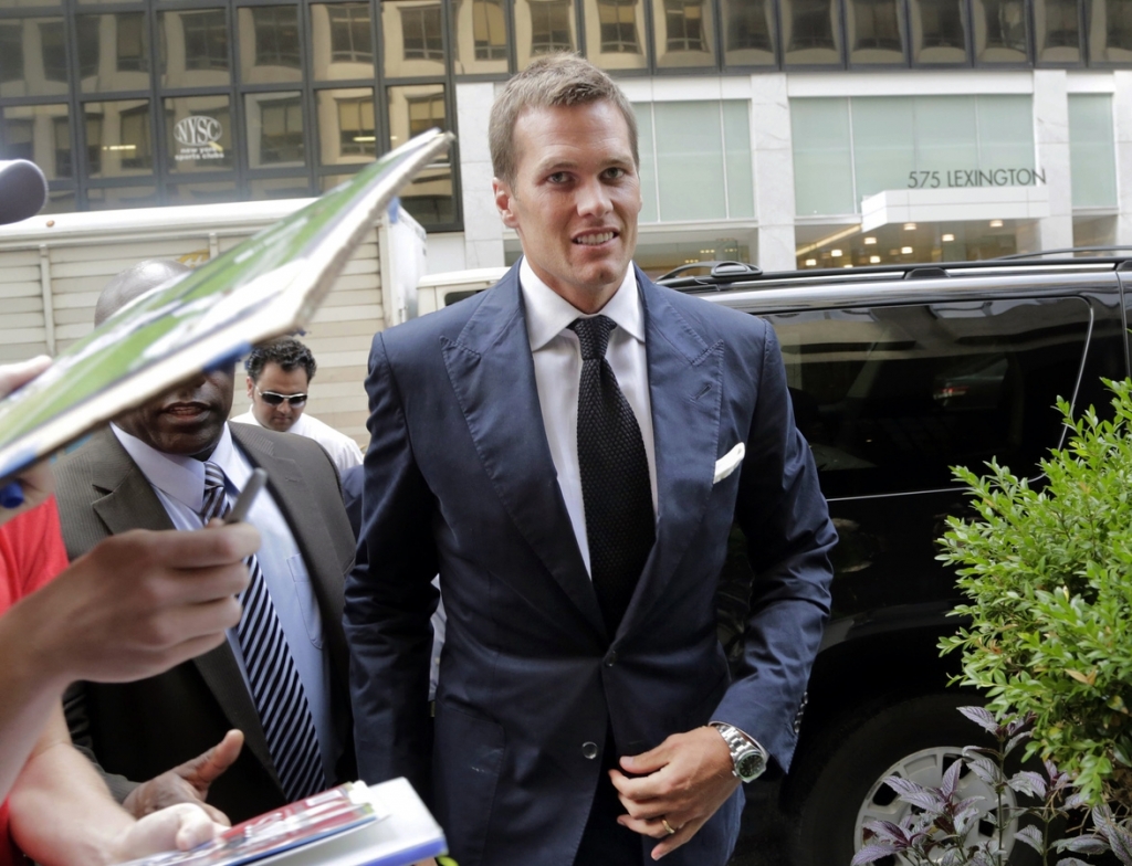 New England Patriot's quarterback Tom Brady arrives for his appeal hearing at NFL headquarters in New York. The NFL Players Union has sued to get a judge to void NFL Commissioner Roger Goodell's four-game suspensi