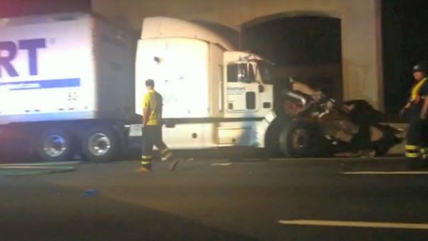 In this image from video the Wal Mart truck involved in the crash of the limousine bus carrying Tracy Morgan and six other people is seen early Saturday morning