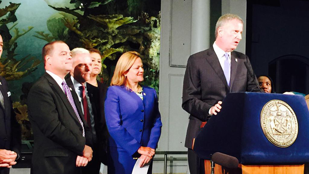 Mayor Bill de Blasio City Council Speaker Melissa Mark Viverito and other officials during a briefing on IDNYC