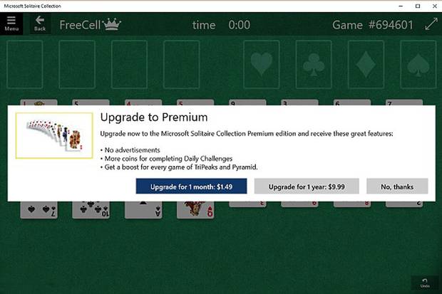 New charges Microsoft users are being charged $10 a year for'premium solitaire