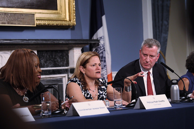 Council Speaker Melissa Mark Viverito with or Bill de Blasio and Councilwoman Vanessa Gibson