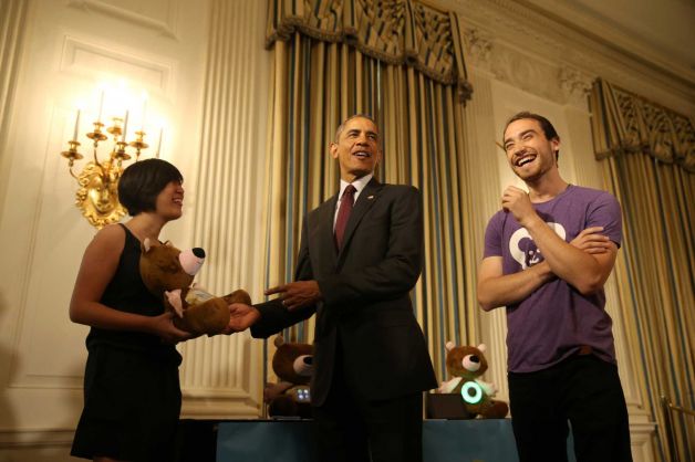 President Barack Obama meets with Aaron Horowitz and Hannah Chung Providence R.I. of Sproutel as he hosts top innovators and startup founders from across the country for the first White House Demo Day Aug. 4 2015 in the State Dinning Room of the Whi