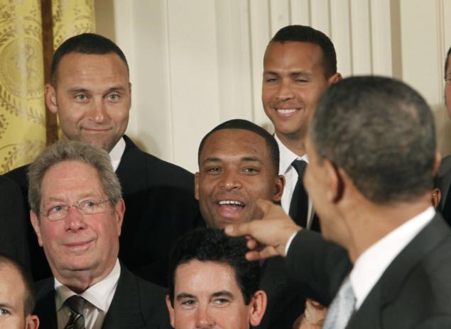 President Barack Obama points to Yankees captain Derek Jeter in 2010 when the Bombers were honored at the White House for their 2009 World Series championship